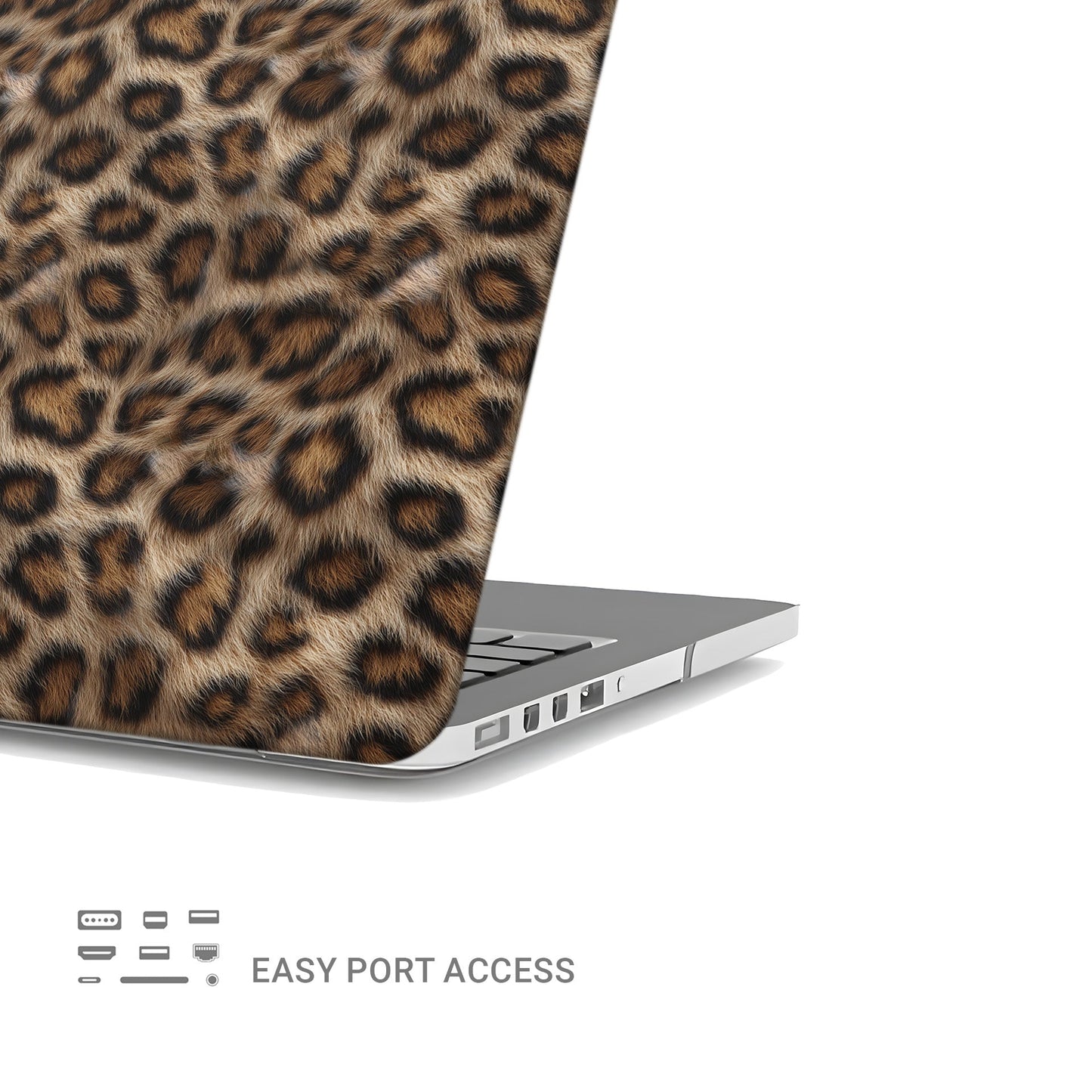 Golden Huntress MacBook Case with bold leopard print, matte finish, snap-on shell and vented cooling base.