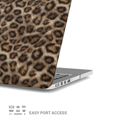 Golden Huntress MacBook Case with bold leopard print, matte finish, snap-on shell and vented cooling base.