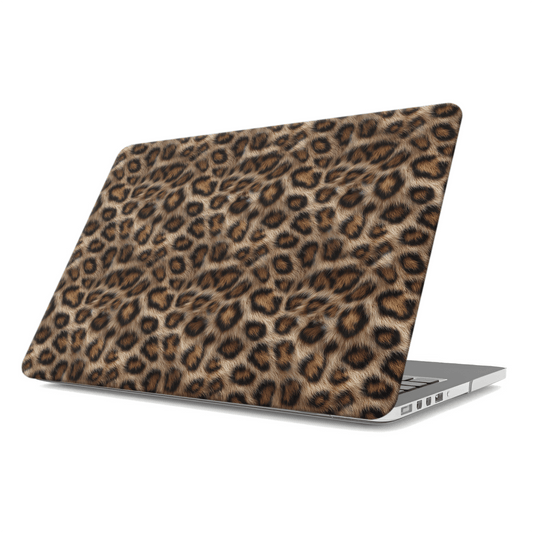 Golden Huntress MacBook Case with bold leopard print, matte finish, snap-on shell and vented cooling base.