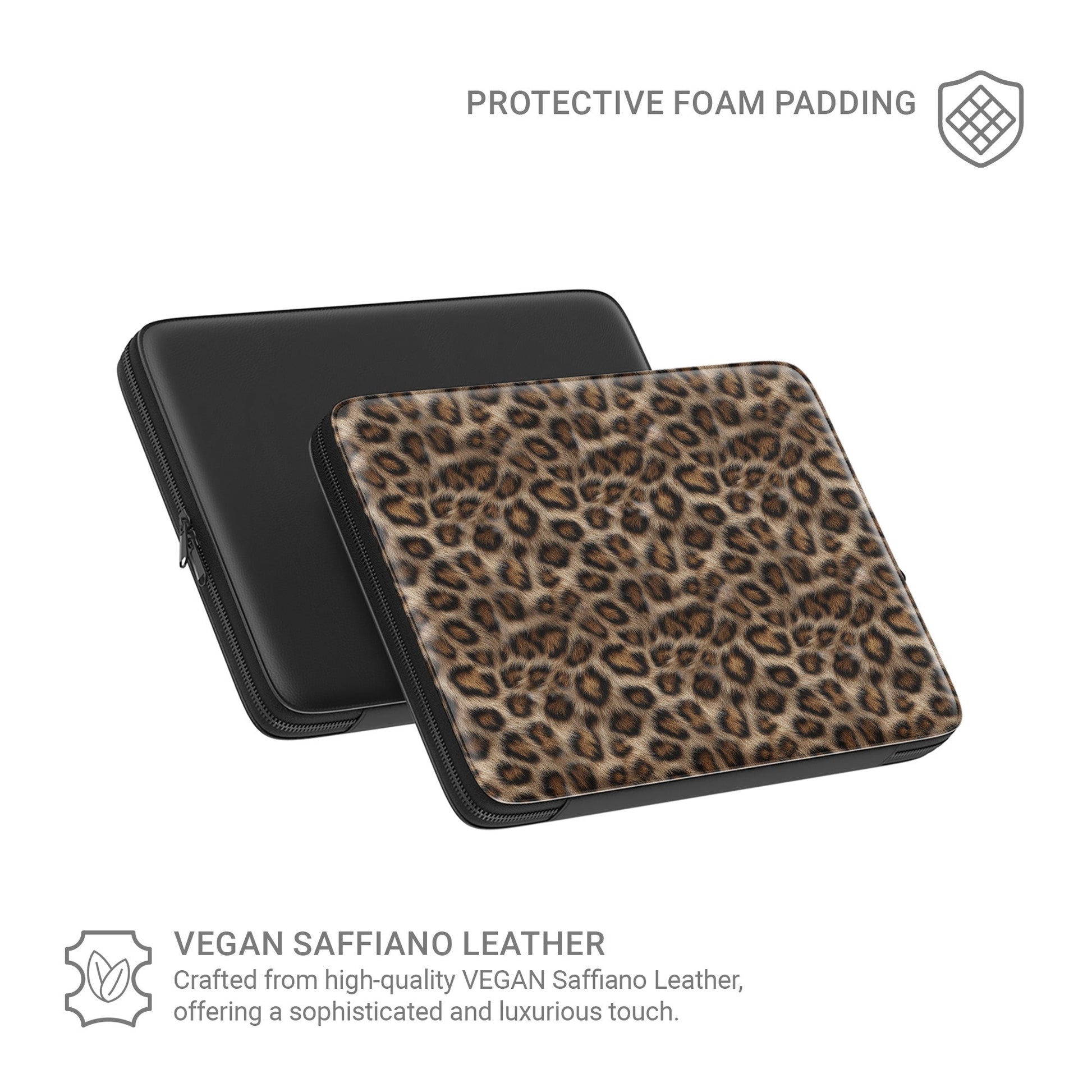 Golden Huntress laptop sleeve with bold leopard print, vegan leather exterior, padded interior and smooth metal zipper.