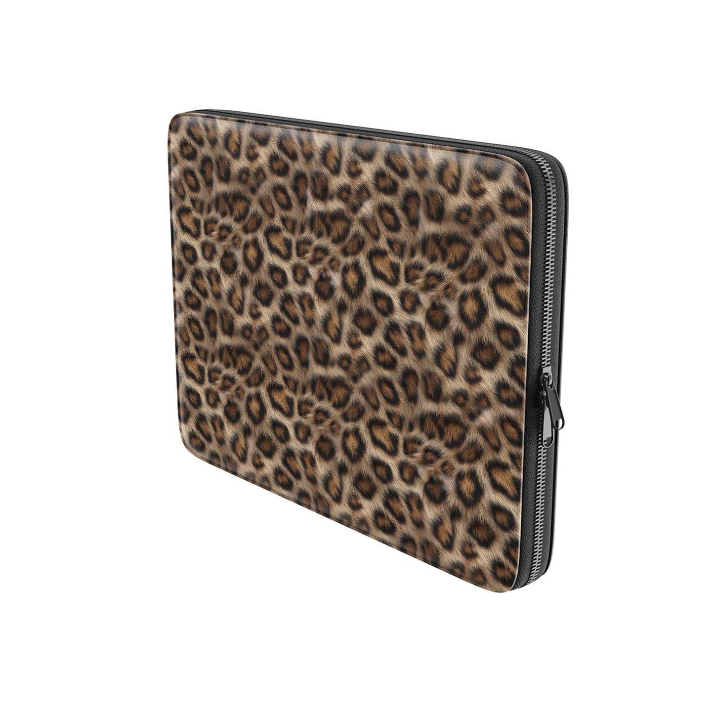 Golden Huntress laptop sleeve with bold leopard print, vegan leather exterior, padded interior and smooth metal zipper.