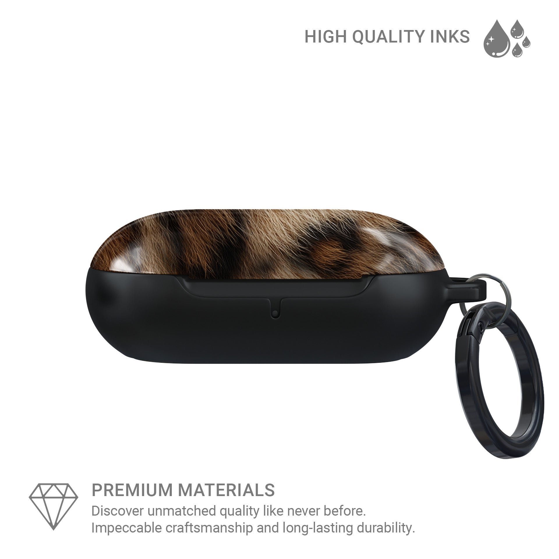 Golden Huntress leopard print Samsung Buds case with glossy fur pattern and black base