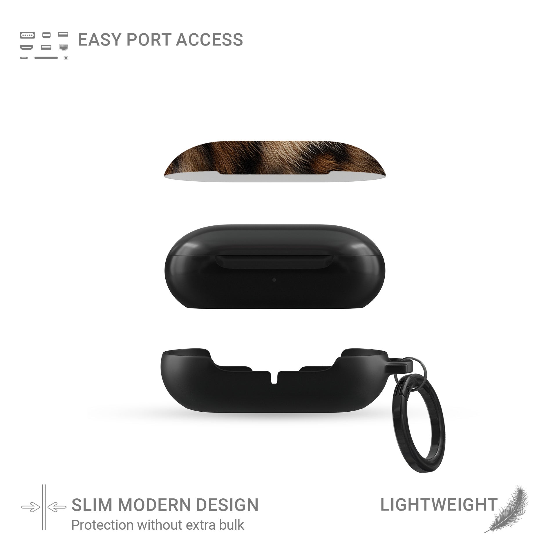 Golden Huntress leopard print Samsung Buds case with glossy fur pattern and black base