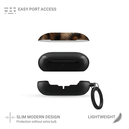 Golden Huntress leopard print Samsung Buds case with glossy fur pattern and black base