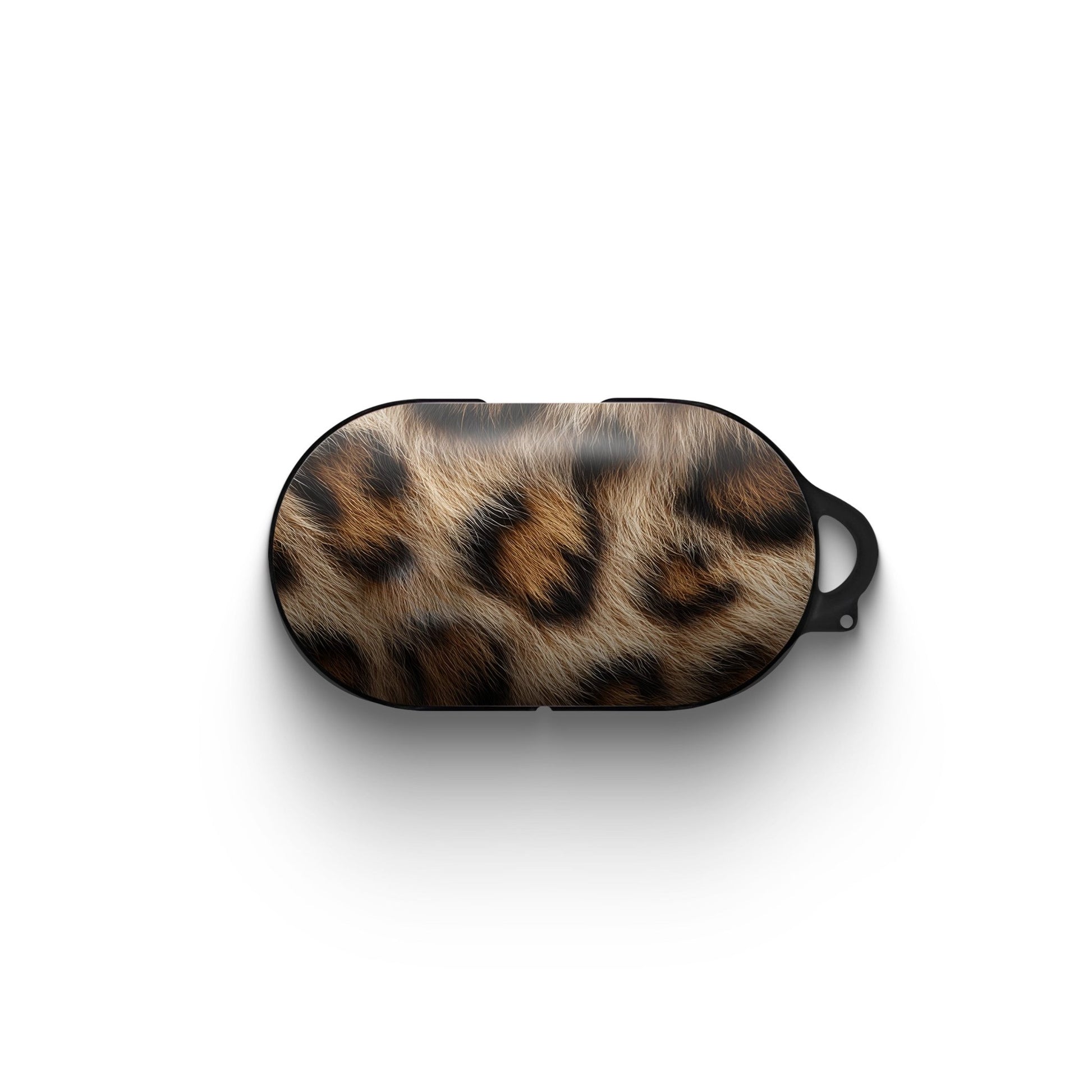 Golden Huntress leopard print Samsung Buds case with glossy fur pattern and black base
