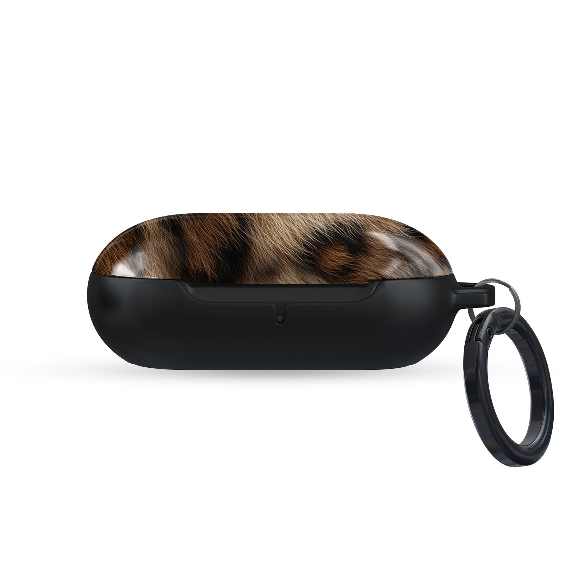Golden Huntress leopard print Samsung Buds case with glossy fur pattern and black base