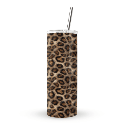 Golden Huntress stainless steel drinks tumbler with leopard print, metal straw, BPA free lid and double wall insulation.