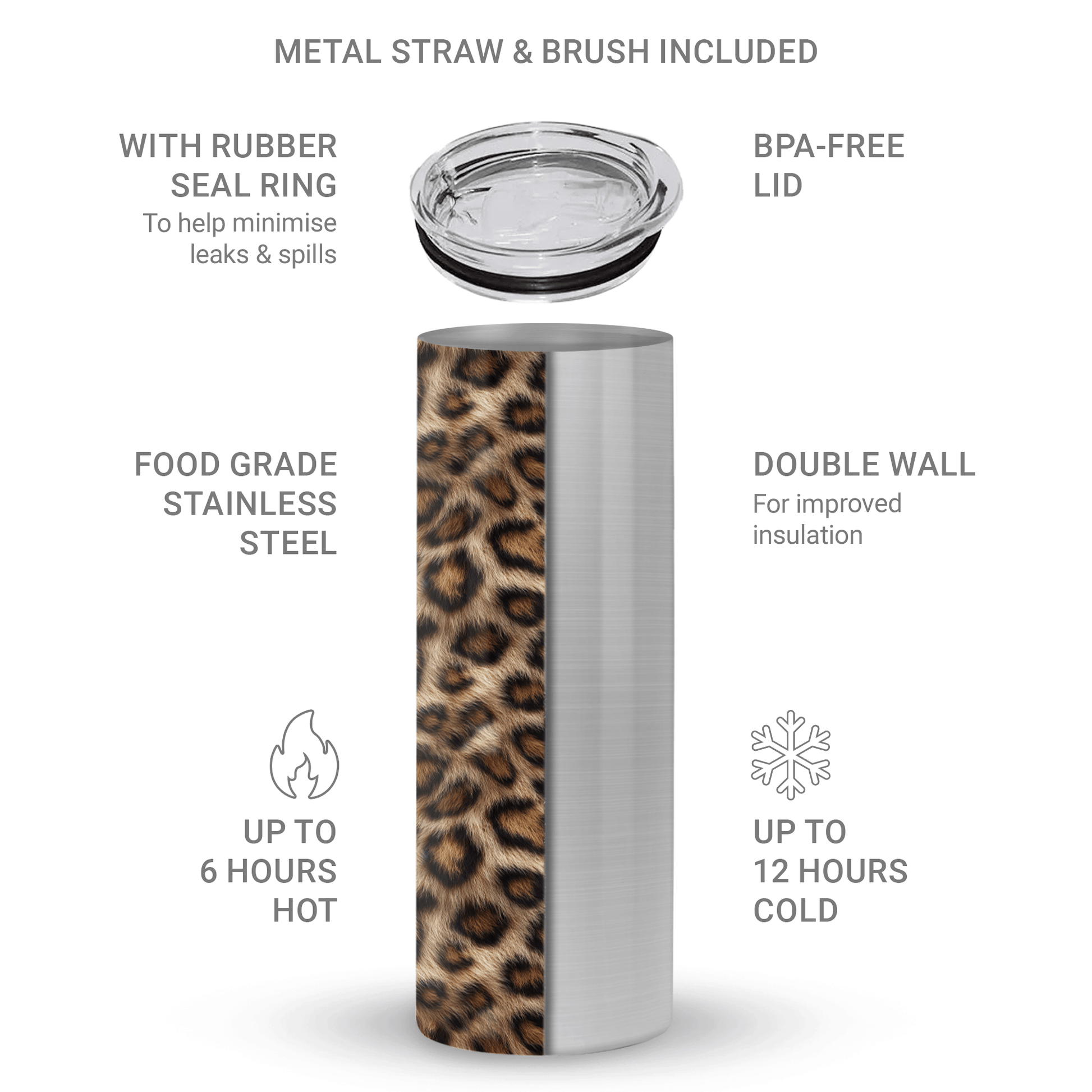Golden Huntress stainless steel drinks tumbler with leopard print, metal straw, BPA free lid and double wall insulation.