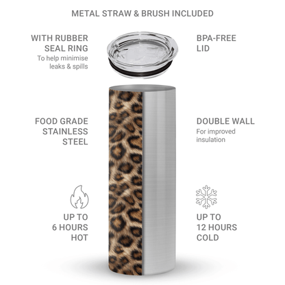 Golden Huntress stainless steel drinks tumbler with leopard print, metal straw, BPA free lid and double wall insulation.