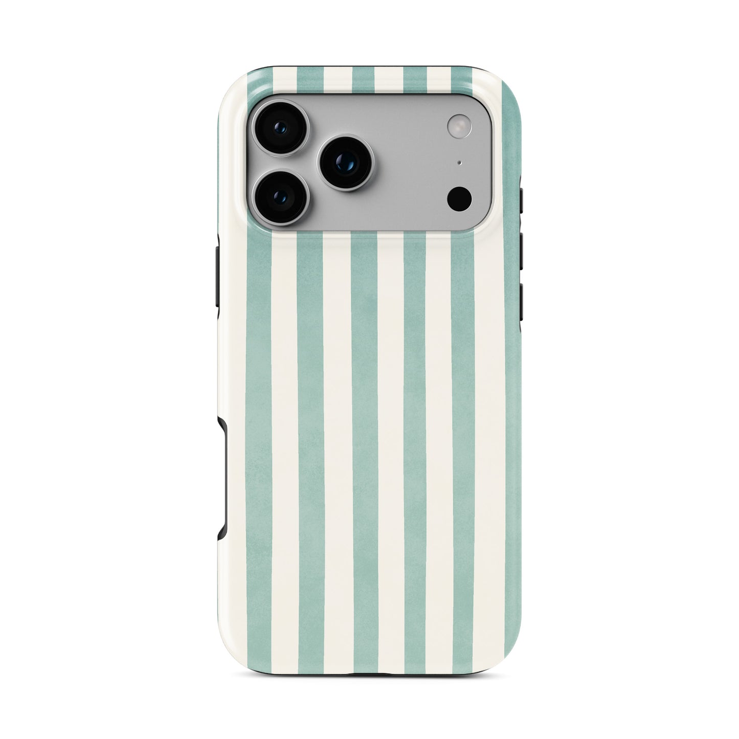 Mint MagSafe tough phone case with soft green and cream vertical stripes on a glossy dual layer coastal phone case by Case & Charm.