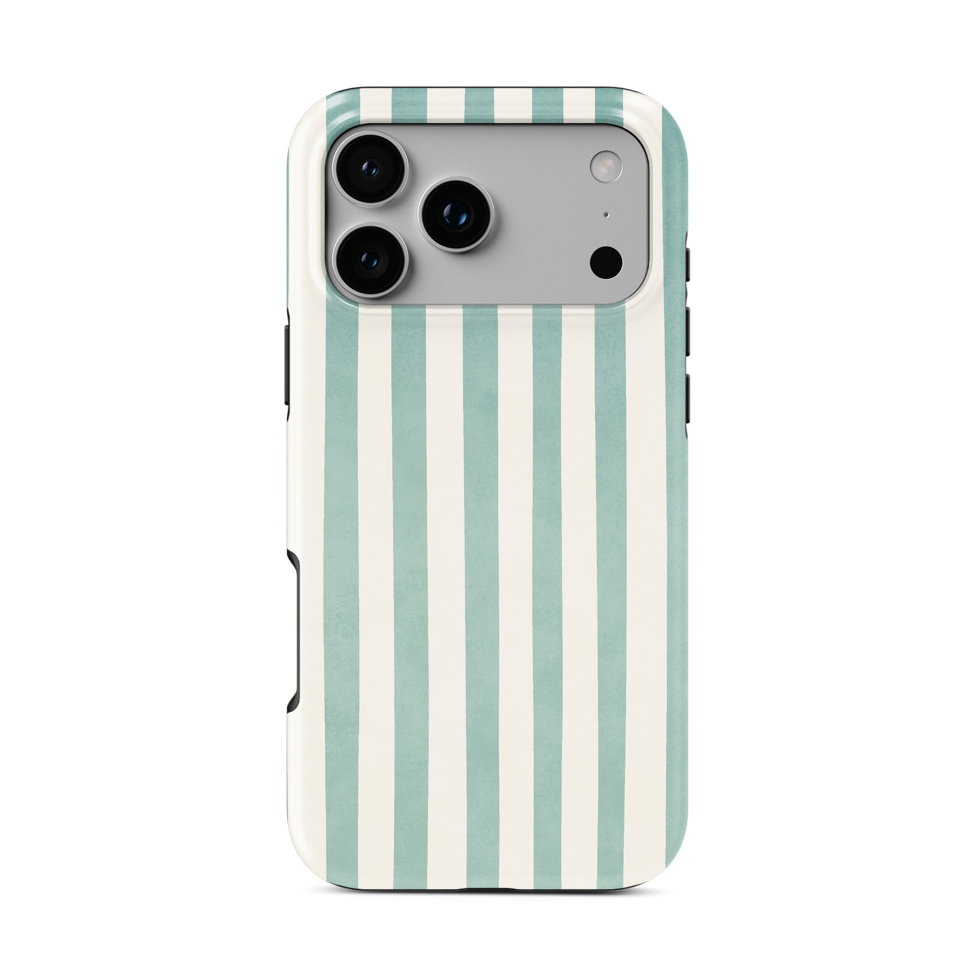 Mint MagSafe tough phone case with soft green and cream vertical stripes on a glossy dual layer coastal phone case by Case & Charm.
