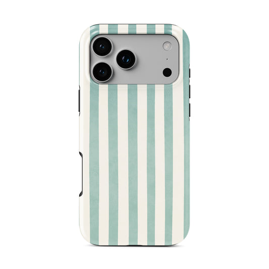 Mint MagSafe tough phone case with soft green and cream vertical stripes on a glossy dual layer coastal phone case by Case & Charm.