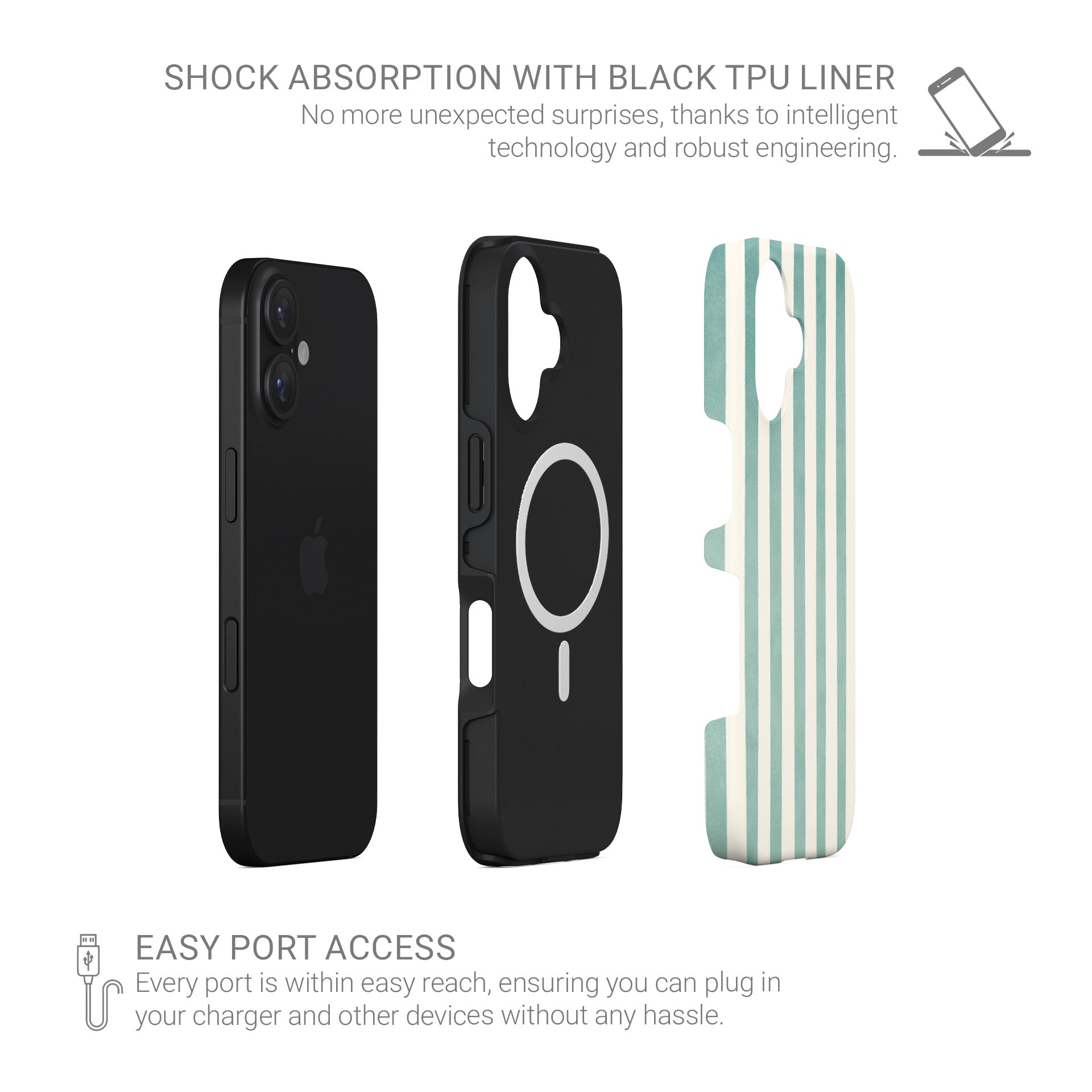 Mint MagSafe tough phone case with soft green and cream vertical stripes on a glossy dual layer coastal phone case by Case & Charm.