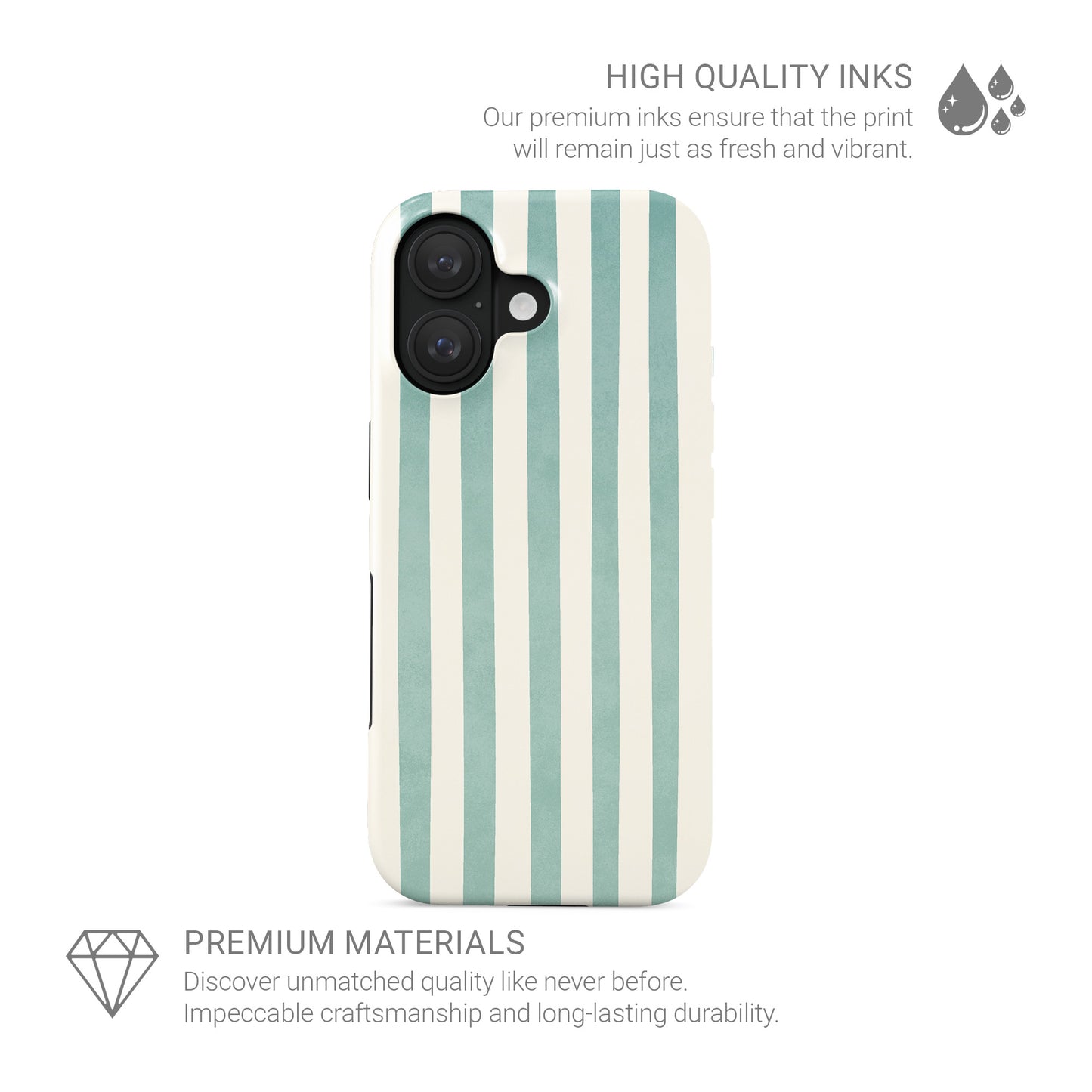 Mint MagSafe tough phone case with soft green and cream vertical stripes on a glossy dual layer coastal phone case by Case & Charm.