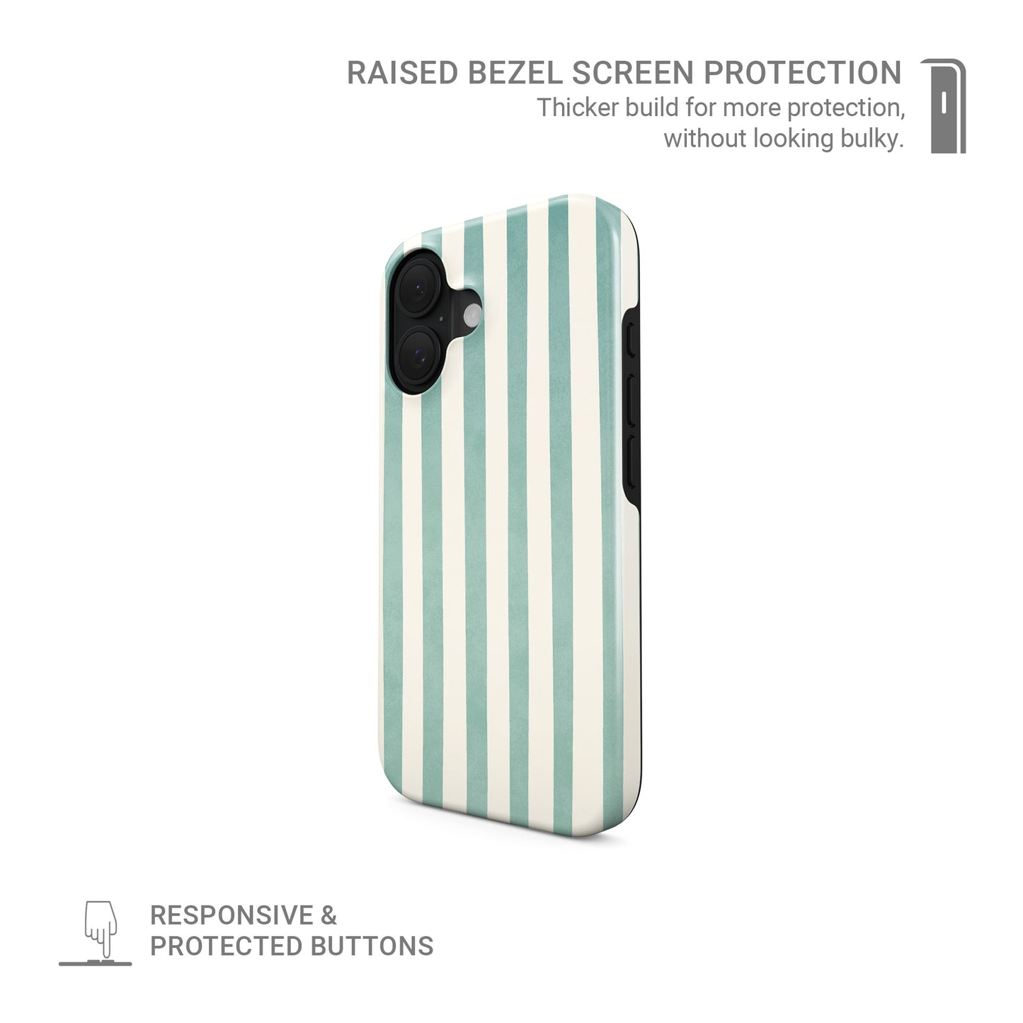 Mint MagSafe tough phone case with soft green and cream vertical stripes on a glossy dual layer coastal phone case by Case & Charm.