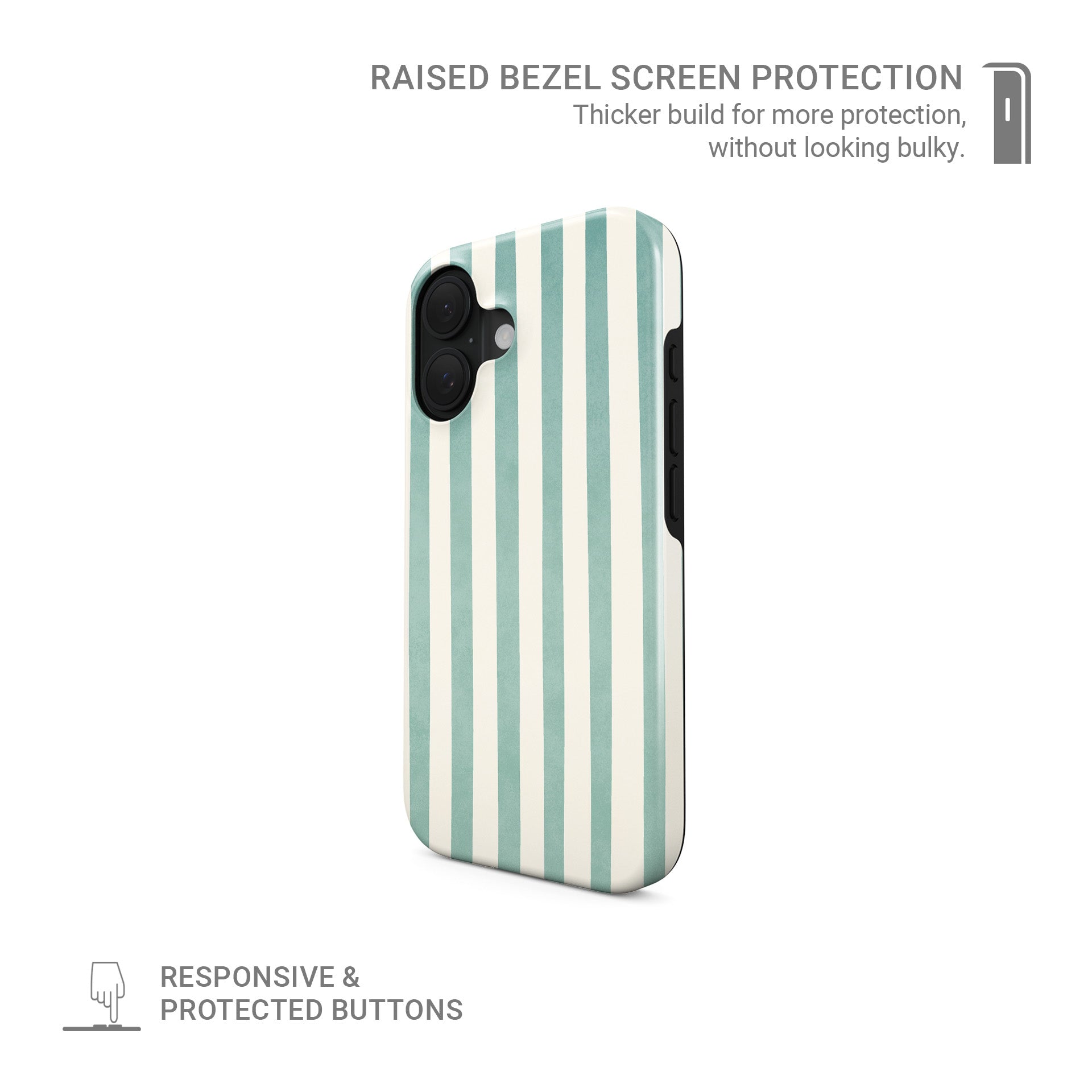 Mint MagSafe tough phone case with soft green and cream vertical stripes on a glossy dual layer coastal phone case by Case & Charm.