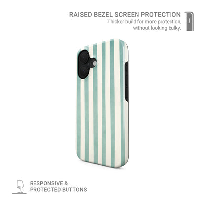 Mint MagSafe tough phone case with soft green and cream vertical stripes on a glossy dual layer coastal phone case by Case & Charm.