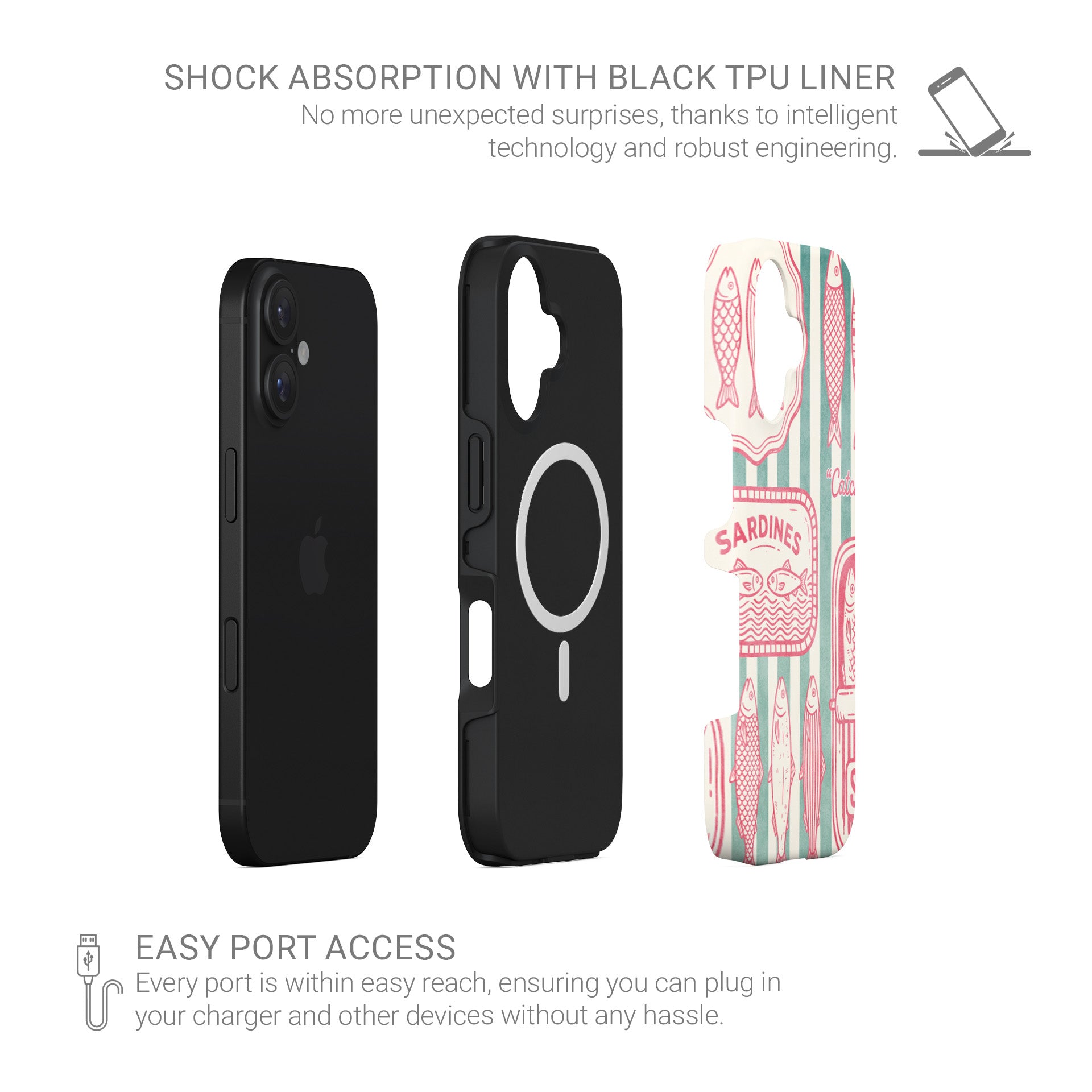 Pink sardine MagSafe tough phone case design with retro fish tins, illustrated sardines and teal coastal stripe background.