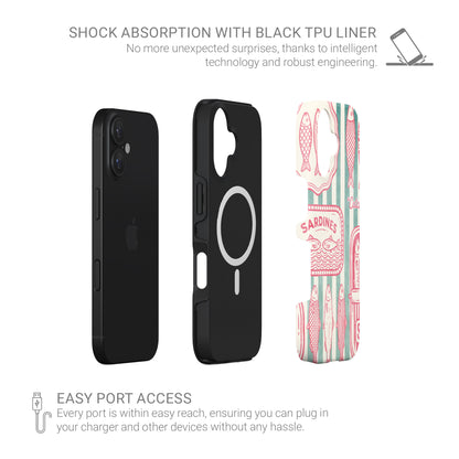 Pink sardine MagSafe tough phone case design with retro fish tins, illustrated sardines and teal coastal stripe background.