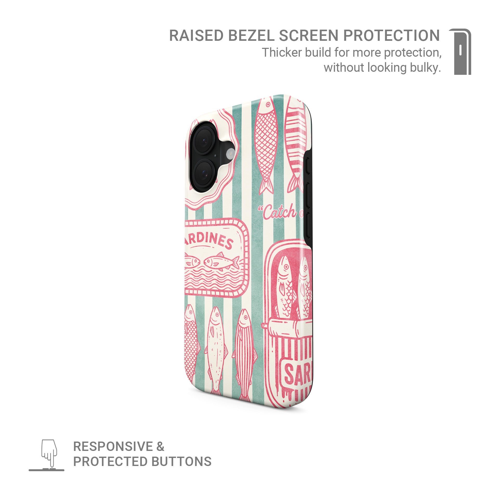 Pink sardine MagSafe tough phone case design with retro fish tins, illustrated sardines and teal coastal stripe background.