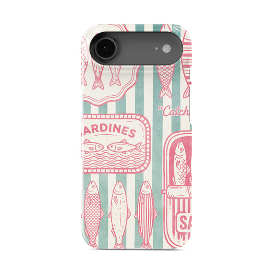 Sardine Social Snap Phone Case with pink sardine tin artwork, fish illustrations and green striped coastal print by Case & Charm.