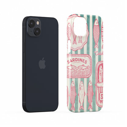 Sardine Social Snap Phone Case with pink sardine tin artwork, fish illustrations and green striped coastal print by Case & Charm.