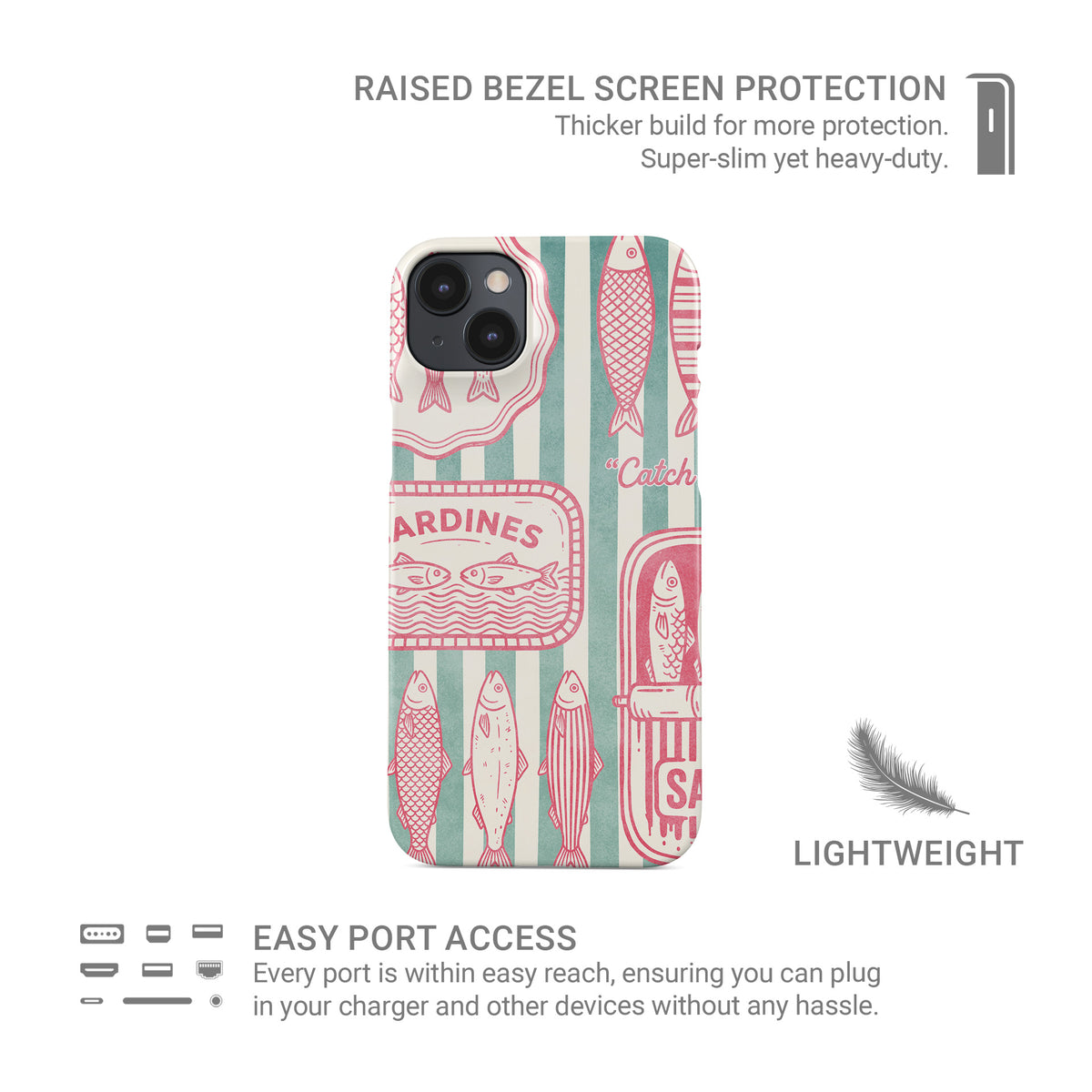 Sardine Social Snap Phone Case with pink sardine tin artwork, fish illustrations and green striped coastal print by Case & Charm.