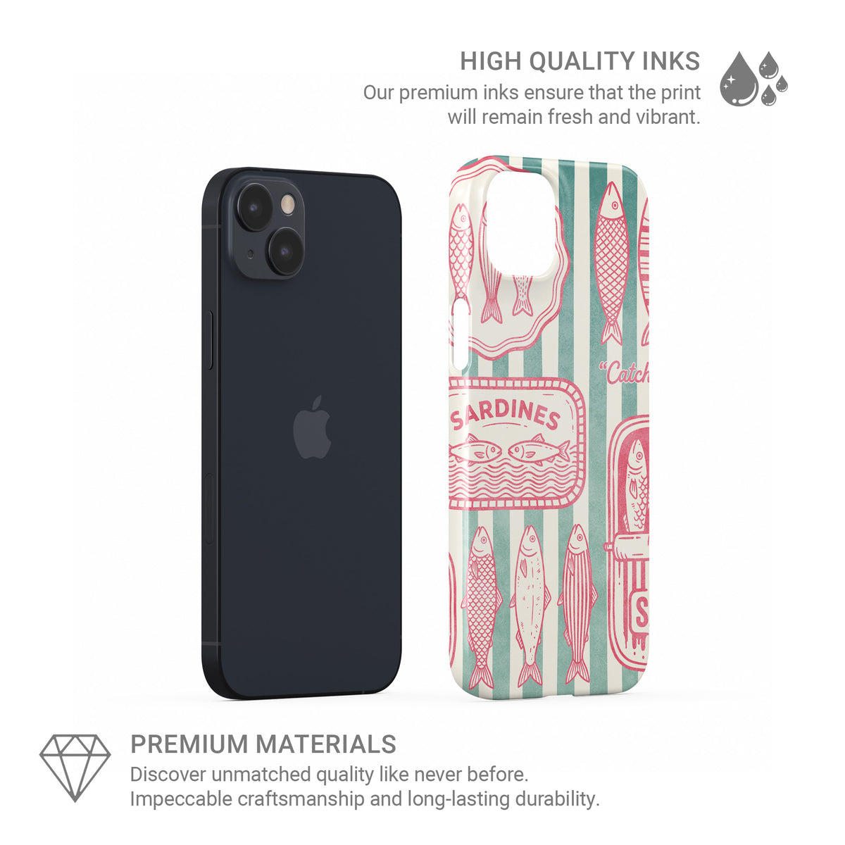 Sardine Social Snap Phone Case with pink sardine tin artwork, fish illustrations and green striped coastal print by Case & Charm.