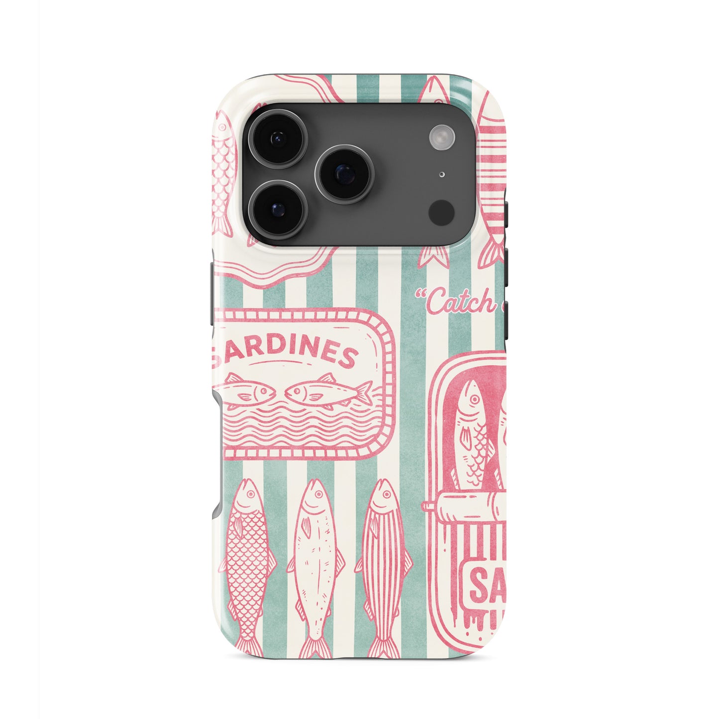 Sardine tough phone case with pink sardine tin artwork, fish illustrations and green striped coastal print by Case & Charm.