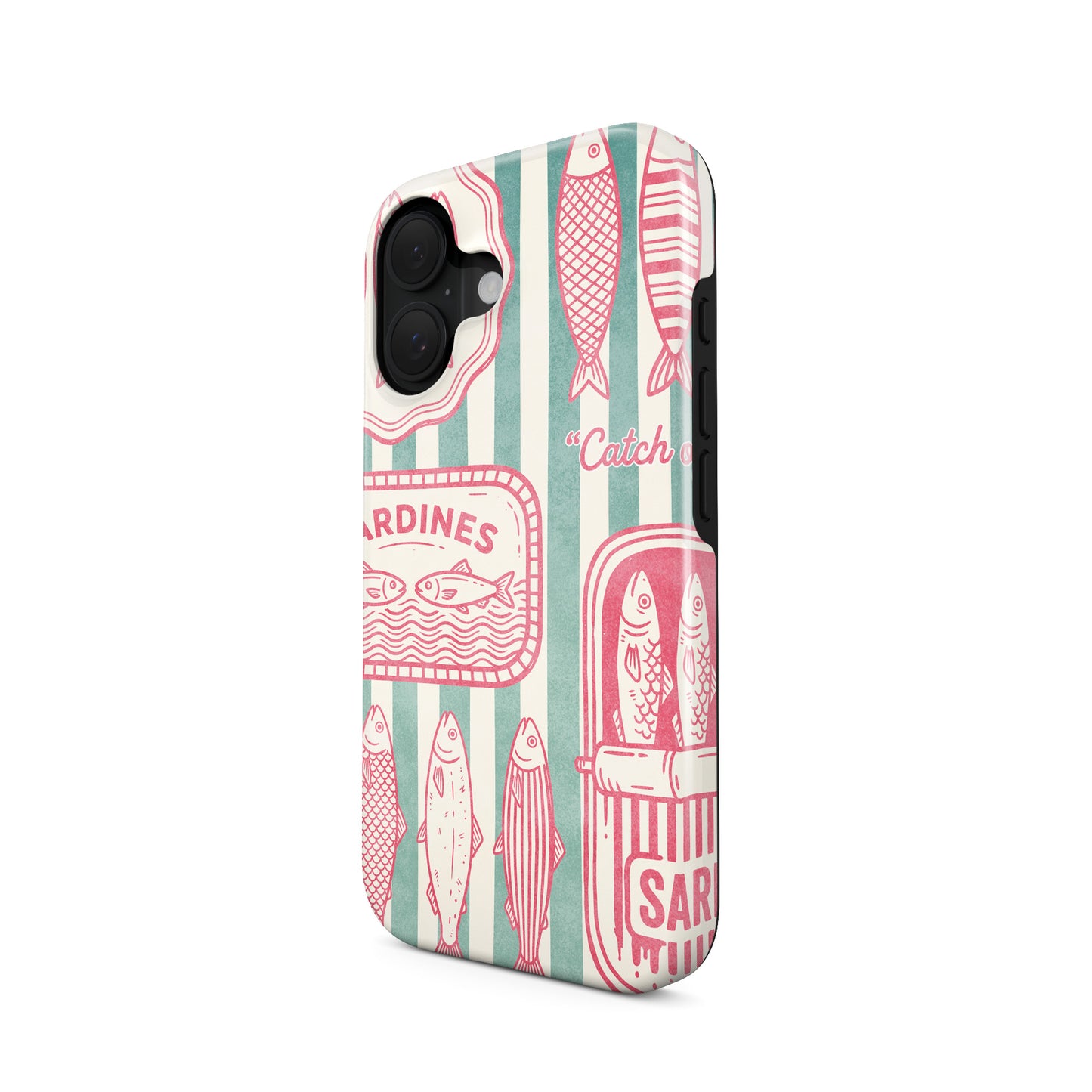 Sardine tough phone case with pink sardine tin artwork, fish illustrations and green striped coastal print by Case & Charm.