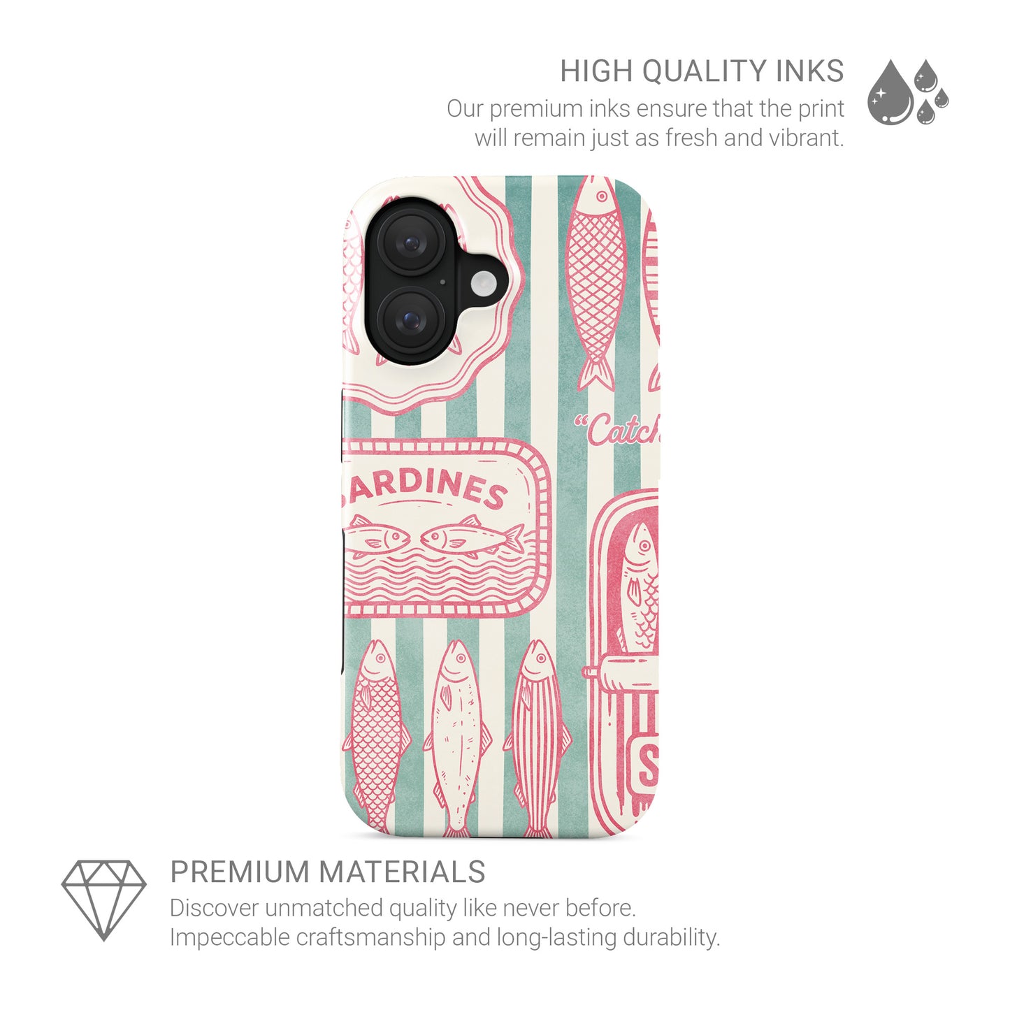 Sardine tough phone case with pink sardine tin artwork, fish illustrations and green striped coastal print by Case & Charm.
