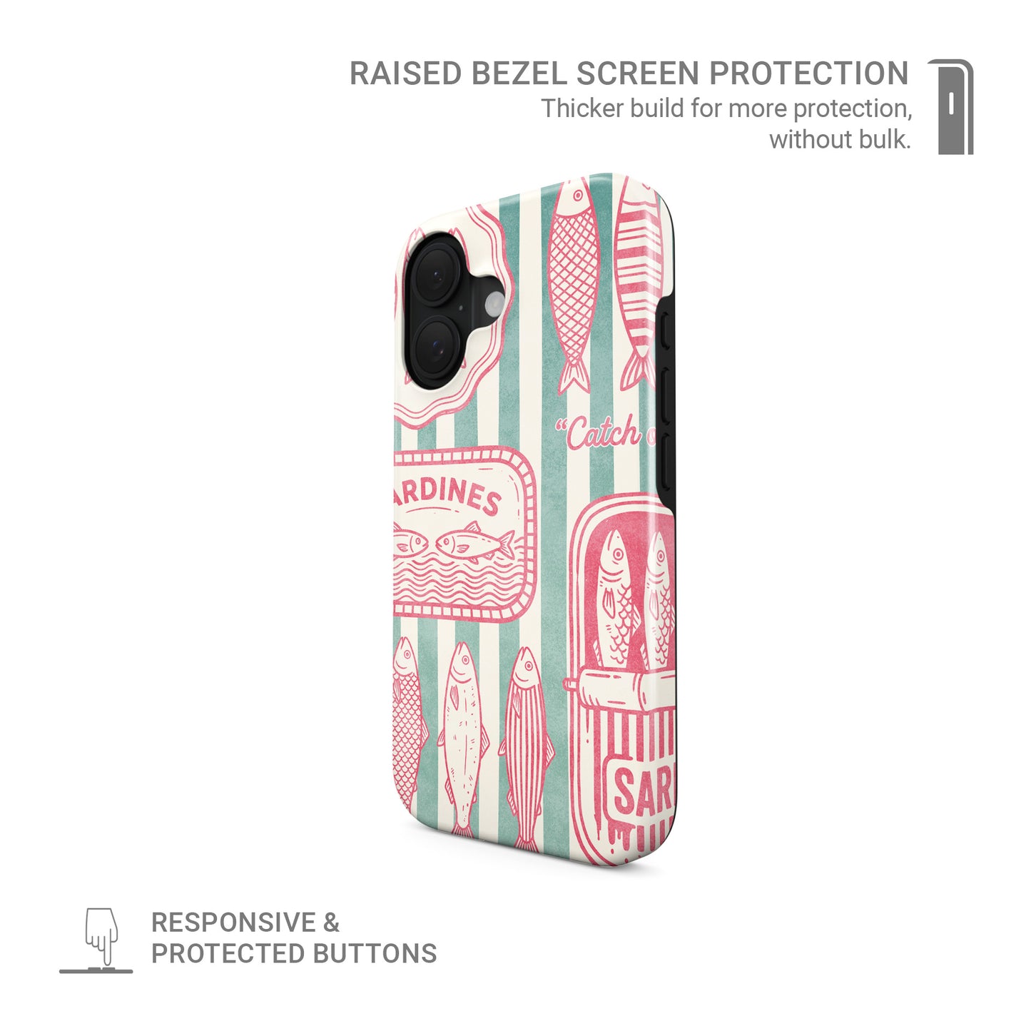 Sardine tough phone case with pink sardine tin artwork, fish illustrations and green striped coastal print by Case & Charm.