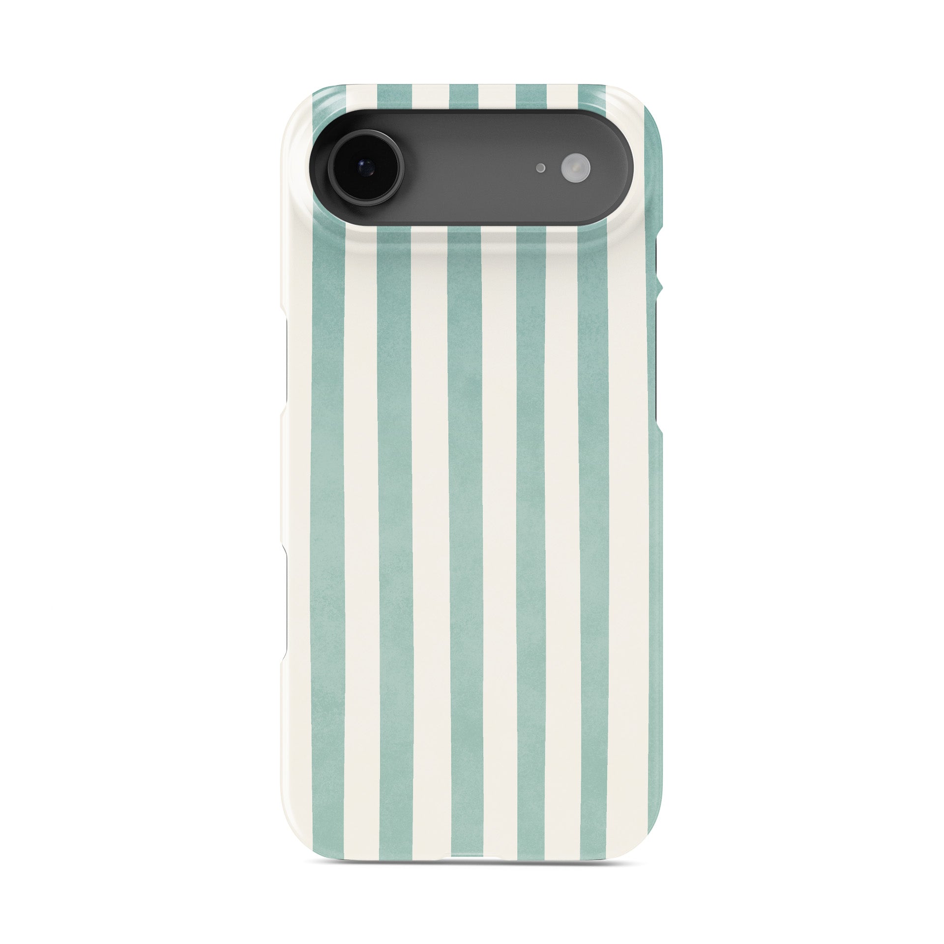 Mint green striped phone case with coastal cream stripe print on a slim glossy Snap Phone Case by Case & Charm.