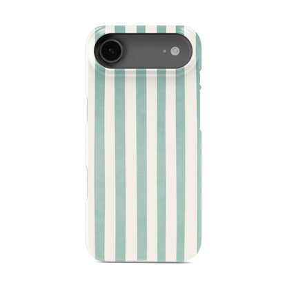 Mint green striped phone case with coastal cream stripe print on a slim glossy Snap Phone Case by Case & Charm.