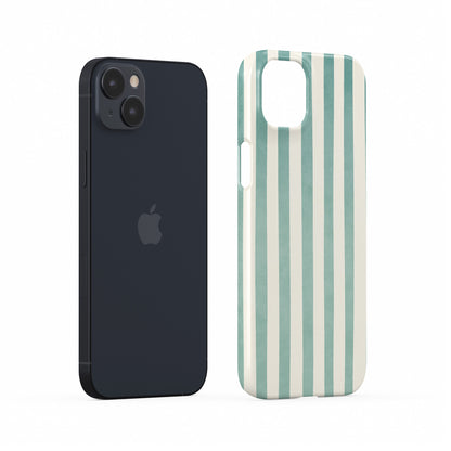 Mint green striped phone case with coastal cream stripe print on a slim glossy Snap Phone Case by Case & Charm.