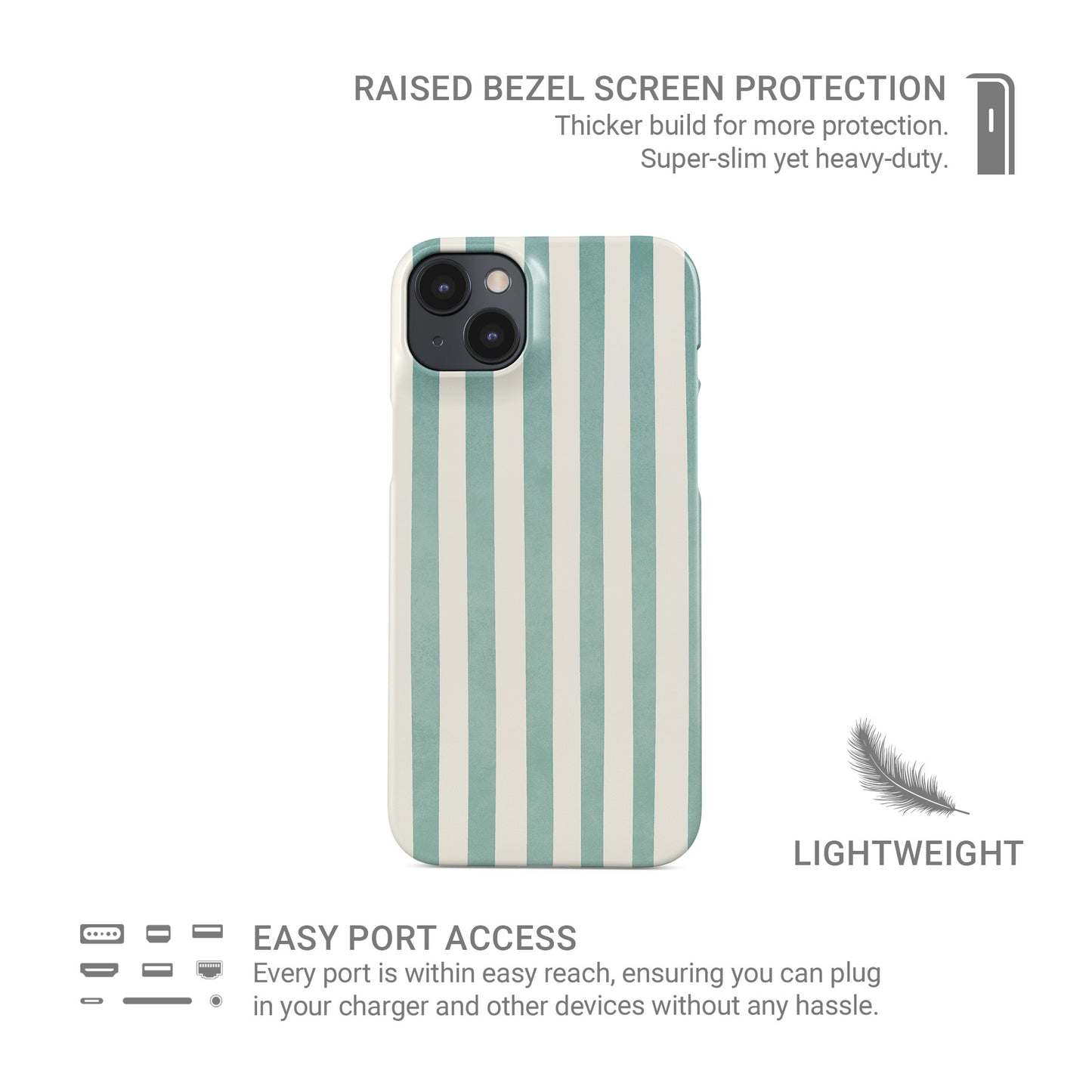 Mint green striped phone case with coastal cream stripe print on a slim glossy Snap Phone Case by Case & Charm.