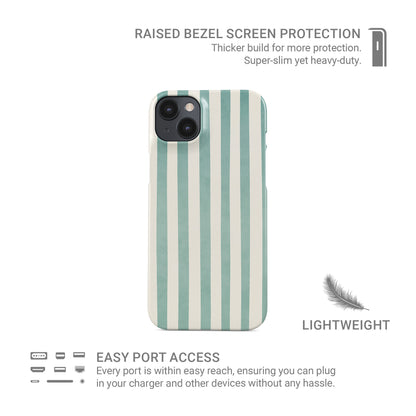 Mint green striped phone case with coastal cream stripe print on a slim glossy Snap Phone Case by Case & Charm.