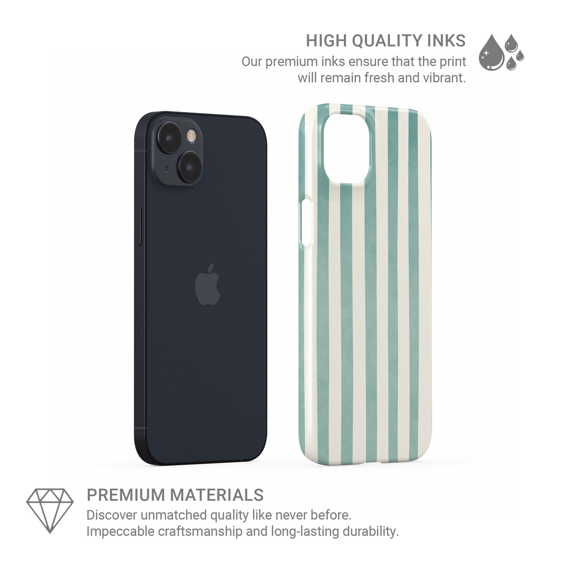 Mint green striped phone case with coastal cream stripe print on a slim glossy Snap Phone Case by Case & Charm.