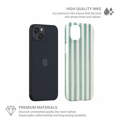 Mint green striped phone case with coastal cream stripe print on a slim glossy Snap Phone Case by Case & Charm.