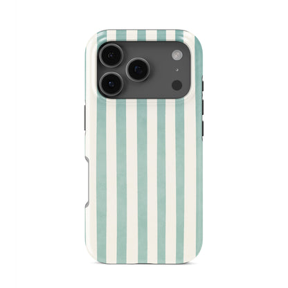 Mint striped tough phone case with soft coastal vertical stripe design in mint and cream on a glossy dual layer phone case.