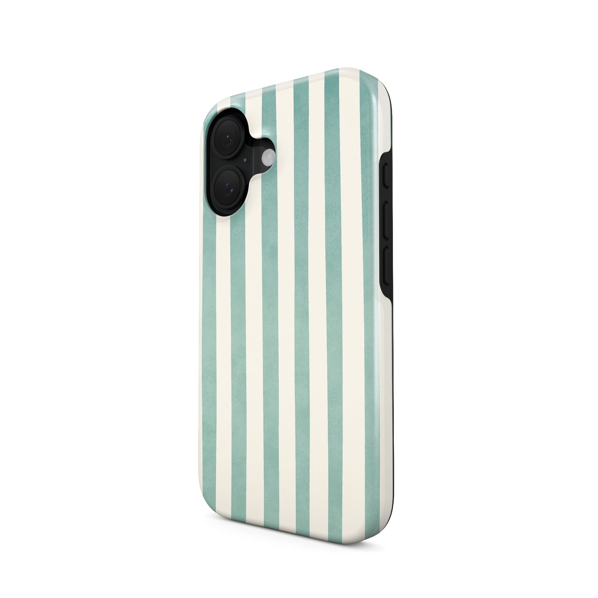 Mint striped tough phone case with soft coastal vertical stripe design in mint and cream on a glossy dual layer phone case.