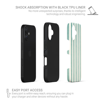Mint striped tough phone case with soft coastal vertical stripe design in mint and cream on a glossy dual layer phone case.