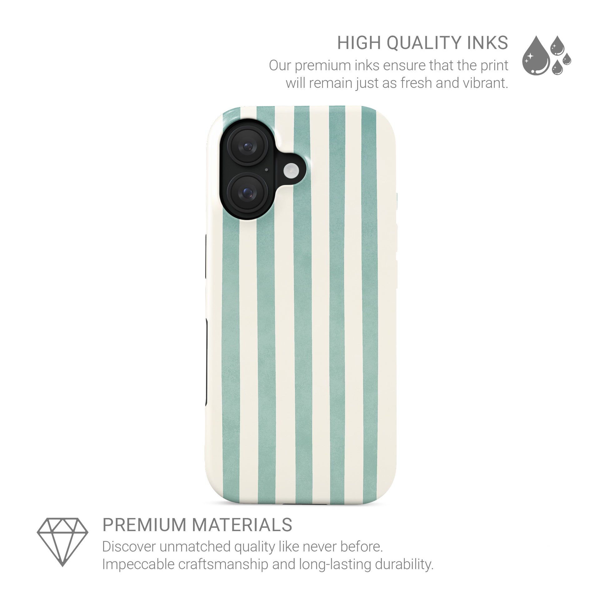 Mint striped tough phone case with soft coastal vertical stripe design in mint and cream on a glossy dual layer phone case.
