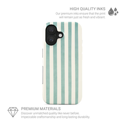 Mint striped tough phone case with soft coastal vertical stripe design in mint and cream on a glossy dual layer phone case.