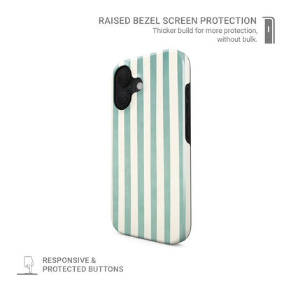 Mint striped tough phone case with soft coastal vertical stripe design in mint and cream on a glossy dual layer phone case.