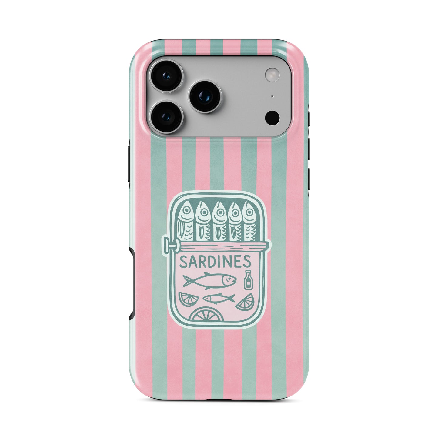 Pink sardine MagSafe tough phone case design with retro fish tins, illustrated sardines and teal coastal stripe background.