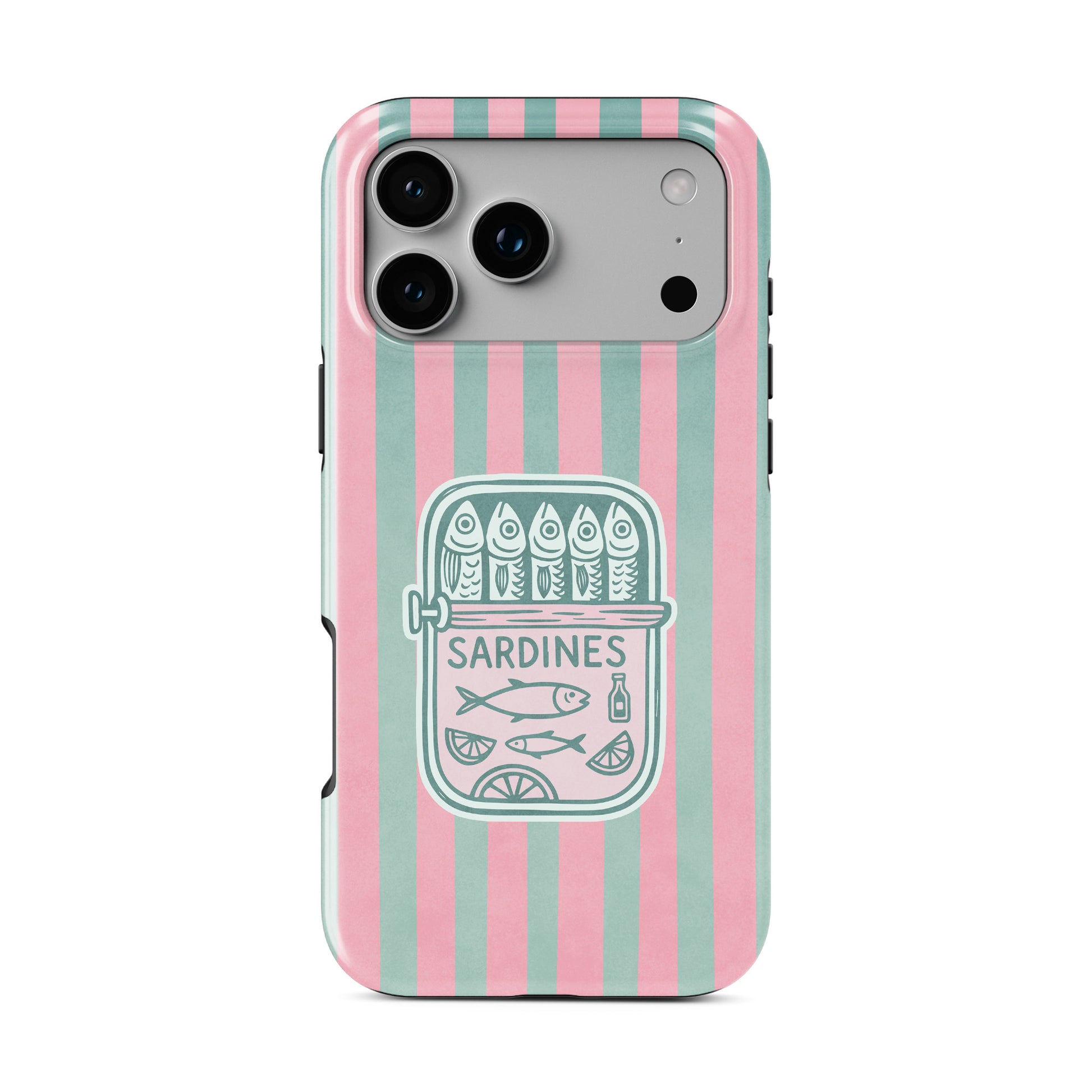Pink sardine MagSafe tough phone case design with retro fish tins, illustrated sardines and teal coastal stripe background.