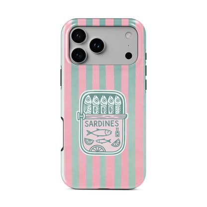 Pink sardine MagSafe tough phone case design with retro fish tins, illustrated sardines and teal coastal stripe background.