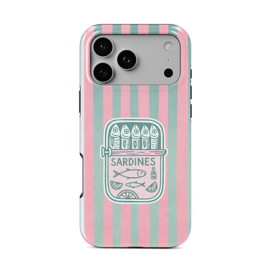 Pink sardine MagSafe tough phone case design with retro fish tins, illustrated sardines and teal coastal stripe background.