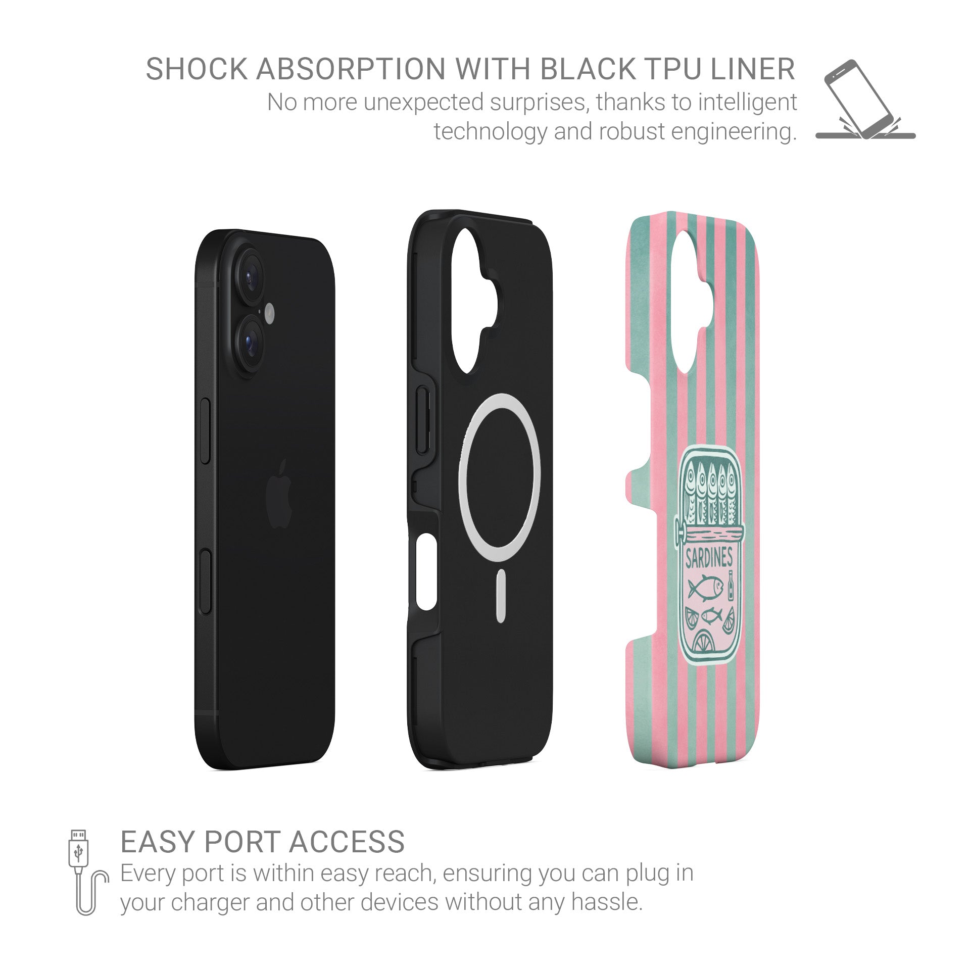 Pink sardine MagSafe tough phone case design with retro fish tins, illustrated sardines and teal coastal stripe background.